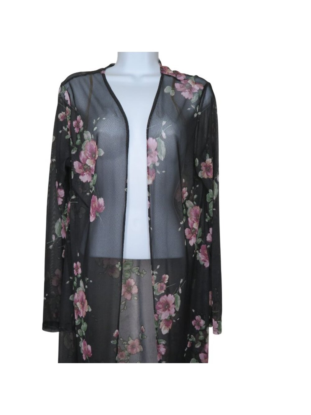 Vintage Womens Sheer Black Floral Long Sleeve Cardigan Duster XL USA Made